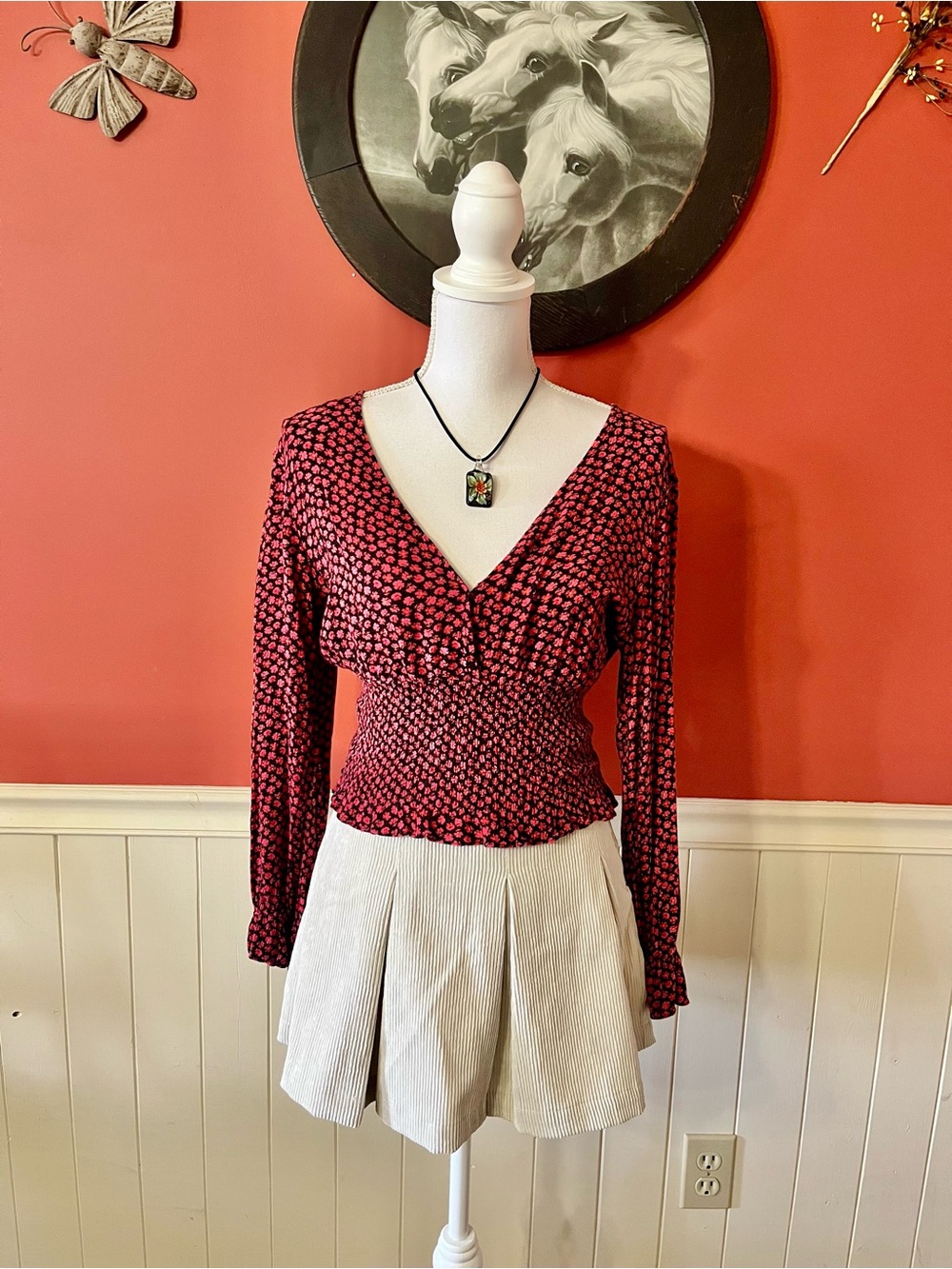 Paper Crane Smocked Red Floral Boho Top Size Small